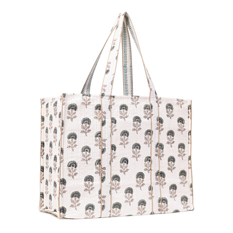 NATURE MUSE HAND BLOCK COTTON PRINTED QUILTED TOTE BAG