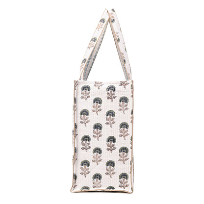 NATURE MUSE HAND BLOCK COTTON PRINTED QUILTED TOTE BAG