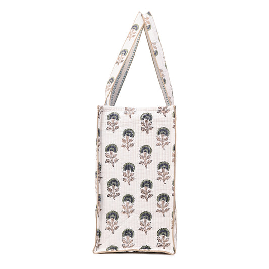 NATURE MUSE HAND BLOCK COTTON PRINTED QUILTED TOTE BAG