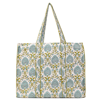 JAIPUR LEAF HAND BLOCK COTTON PRINTED QUILTED TOTE BAG