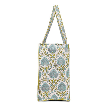 JAIPUR LEAF HAND BLOCK COTTON PRINTED QUILTED TOTE BAG