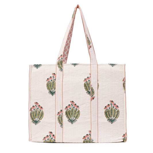 ROSEBUD CHARM HAND BLOCK COTTON PRINTED QUILTED TOTE BAG