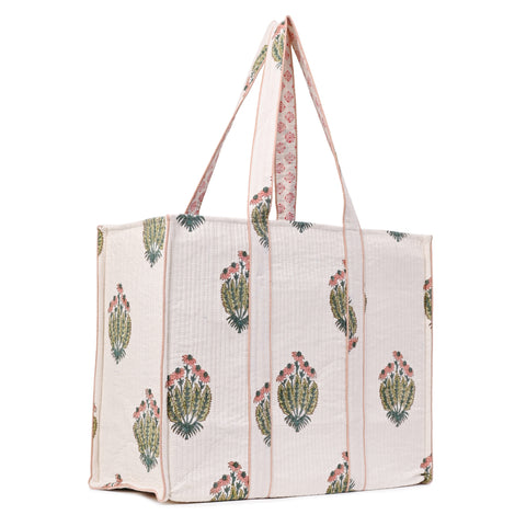 ROSEBUD CHARM HAND BLOCK COTTON PRINTED QUILTED TOTE BAG