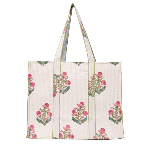 BOTANIC ROSE HAND BLOCK COTTON PRINTED QUILTED TOTE BAG