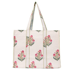 BOTANIC ROSE HAND BLOCK COTTON PRINTED QUILTED TOTE BAG