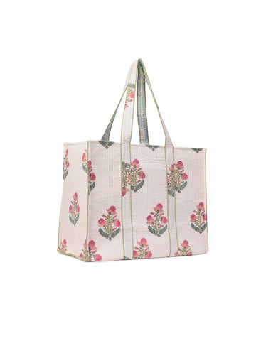 BOTANIC ROSE HAND BLOCK COTTON PRINTED QUILTED TOTE BAG