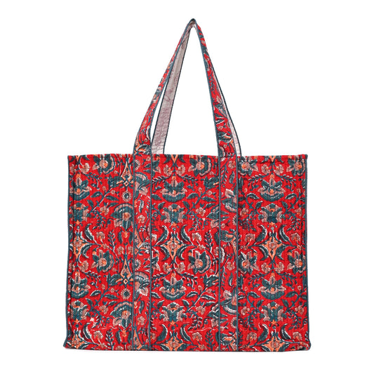 GULNAAR RED HAND BLOCK COTTON PRINTED QUILTED TOTE BAG