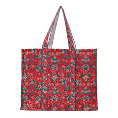GULNAAR RED HAND BLOCK COTTON PRINTED QUILTED TOTE BAG