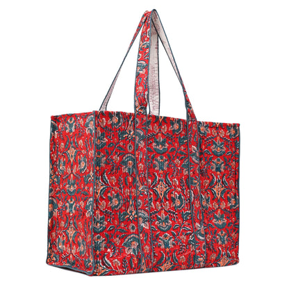 GULNAAR RED HAND BLOCK COTTON PRINTED QUILTED TOTE BAG