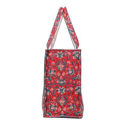 GULNAAR RED HAND BLOCK COTTON PRINTED QUILTED TOTE BAG