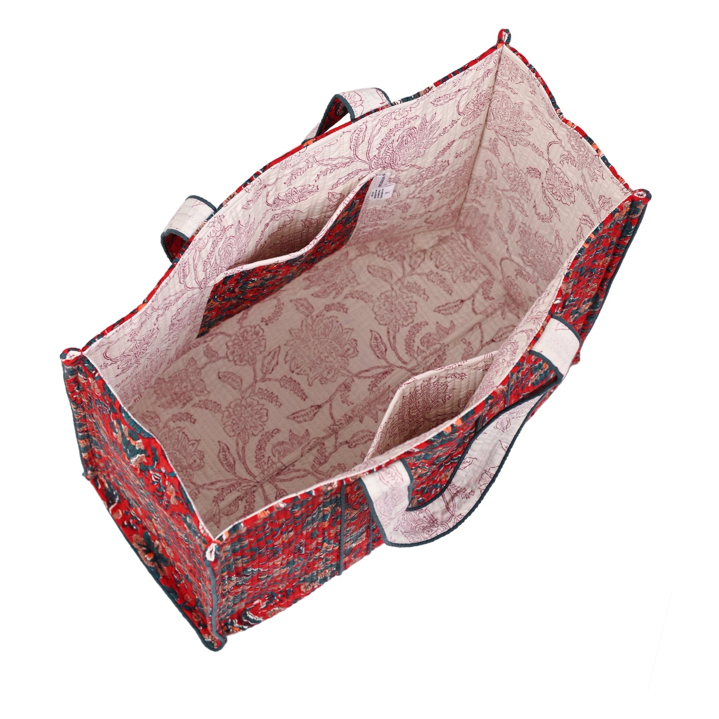 GULNAAR RED HAND BLOCK COTTON PRINTED QUILTED TOTE BAG