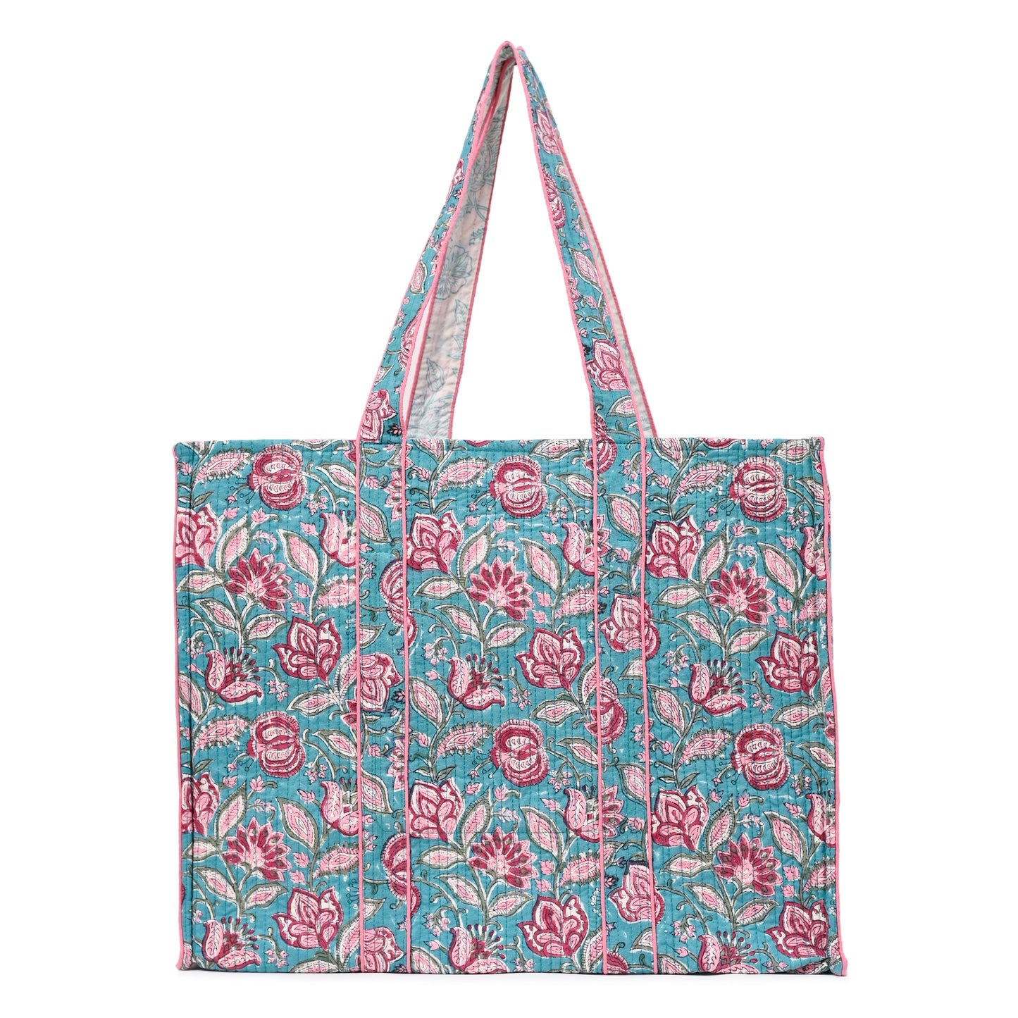 FLORAL FANTASY HAND BLOCK COTTON PRINTED QUILTED TOTE BAG