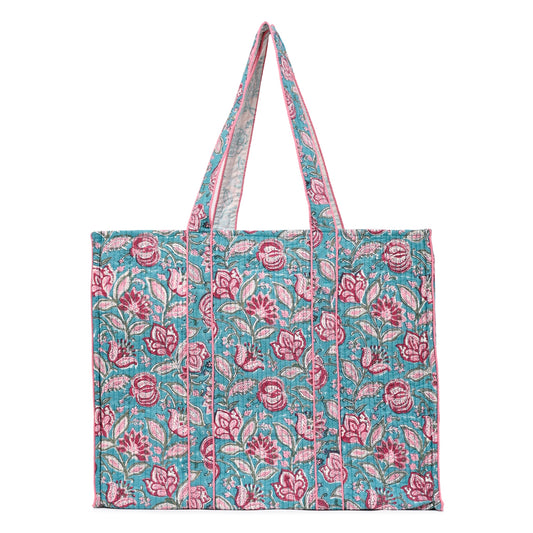 FLORAL FANTASY HAND BLOCK COTTON PRINTED QUILTED TOTE BAG