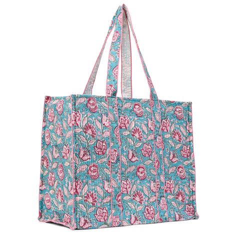 FLORAL FANTASY HAND BLOCK COTTON PRINTED QUILTED TOTE BAG