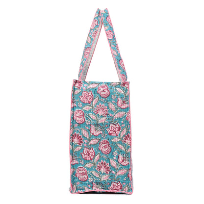 FLORAL FANTASY HAND BLOCK COTTON PRINTED QUILTED TOTE BAG