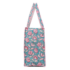 FLORAL FANTASY HAND BLOCK COTTON PRINTED QUILTED TOTE BAG