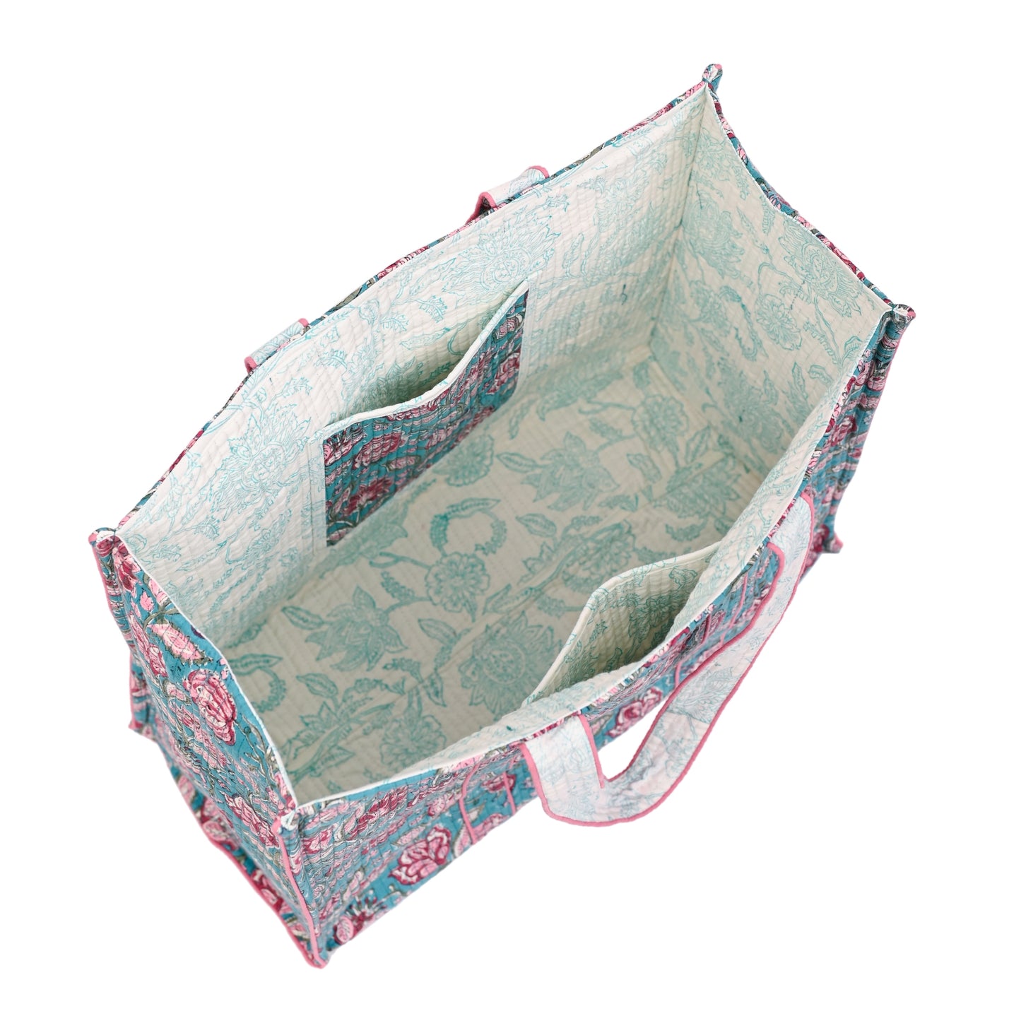 FLORAL FANTASY HAND BLOCK COTTON PRINTED QUILTED TOTE BAG