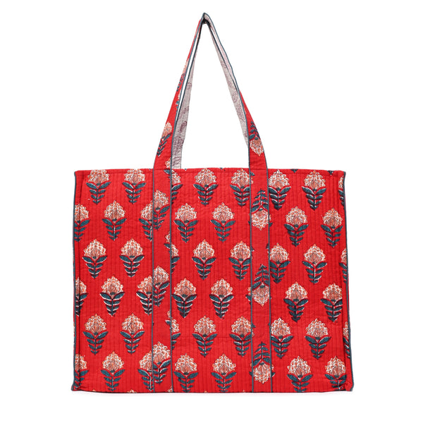 ROSE FLAME HAND BLOCK COTTON PRINTED QUILTED TOTE BAG