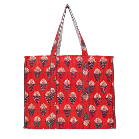 ROSE FLAME HAND BLOCK COTTON PRINTED QUILTED TOTE BAG