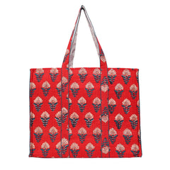 ROSE FLAME HAND BLOCK COTTON PRINTED QUILTED TOTE BAG
