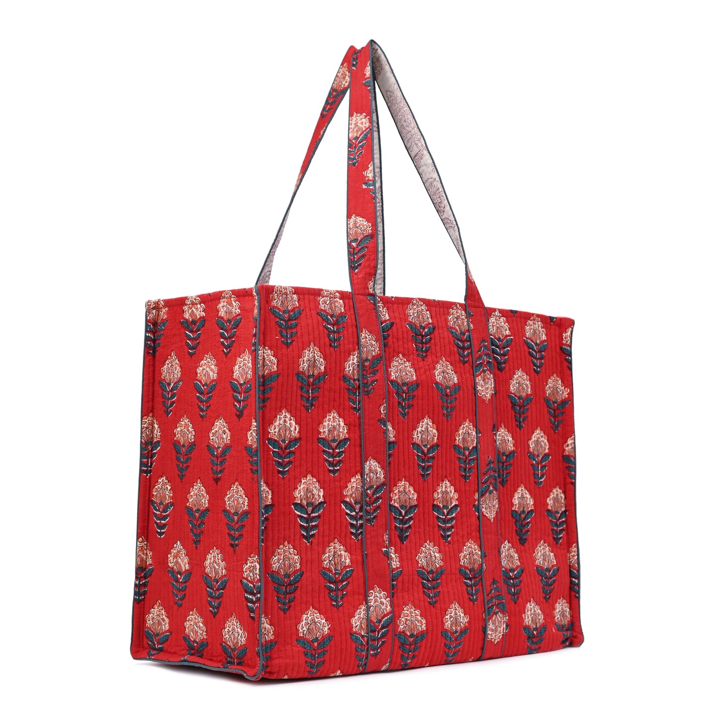 ROSE FLAME HAND BLOCK COTTON PRINTED QUILTED TOTE BAG