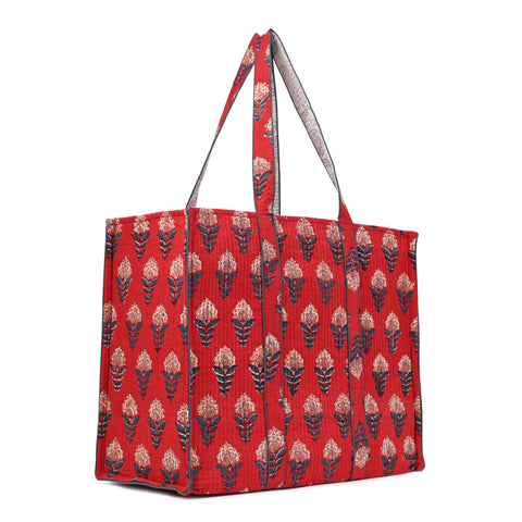 ROSE FLAME HAND BLOCK COTTON PRINTED QUILTED TOTE BAG