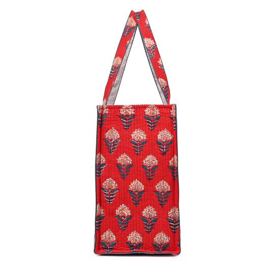 ROSE FLAME HAND BLOCK COTTON PRINTED QUILTED TOTE BAG