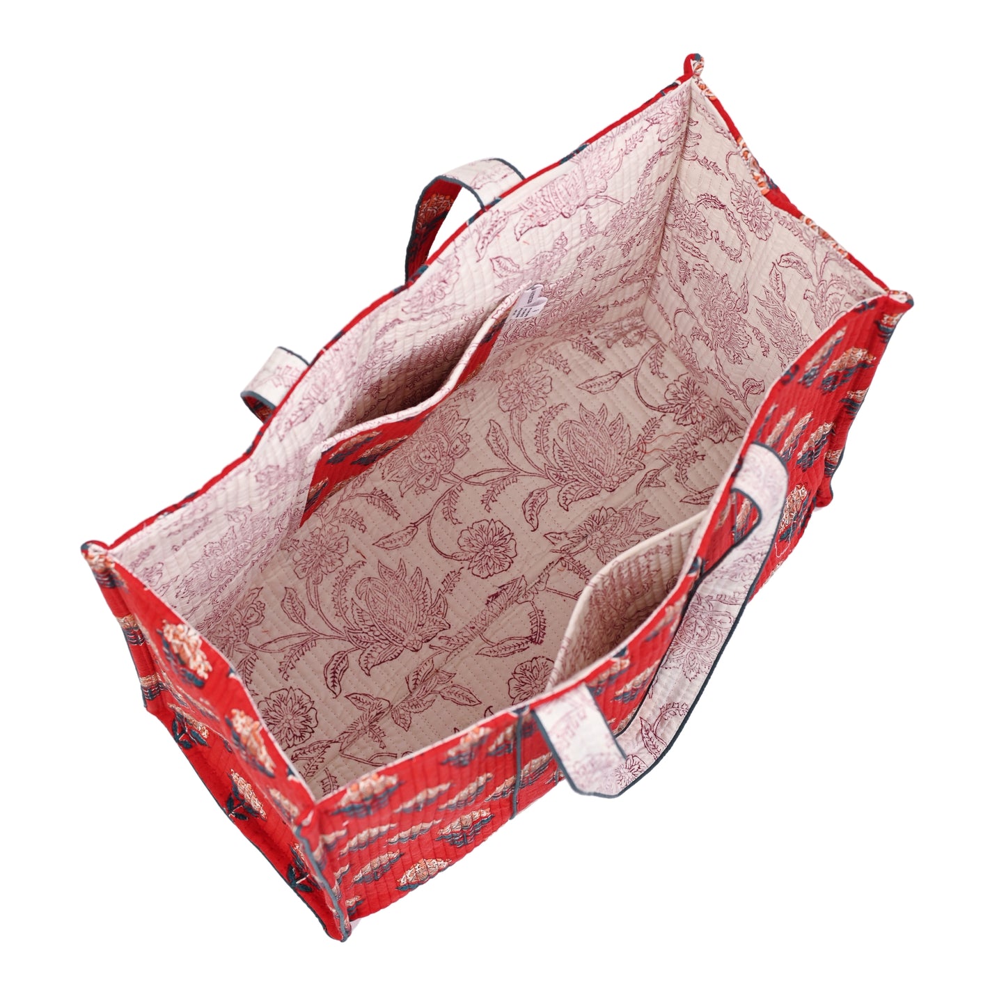 ROSE FLAME HAND BLOCK COTTON PRINTED QUILTED TOTE BAG