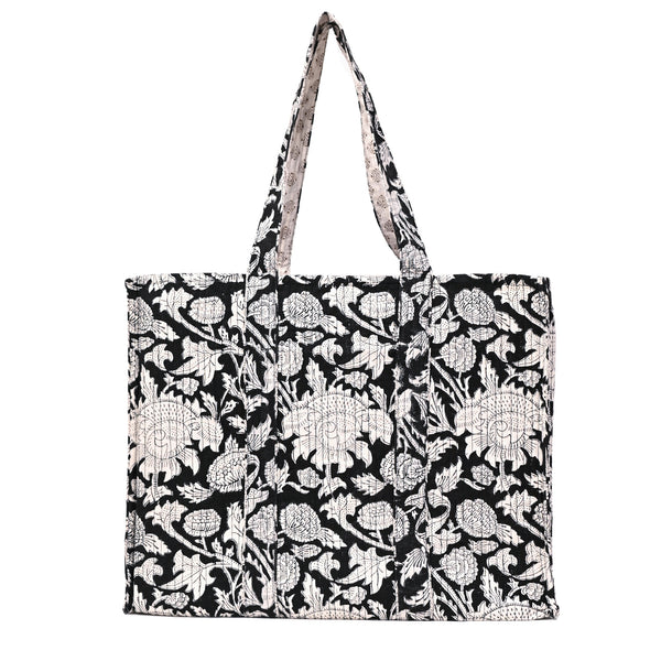 EBONY FLORA HAND BLOCK COTTON PRINTED QUILTED TOTE BAG