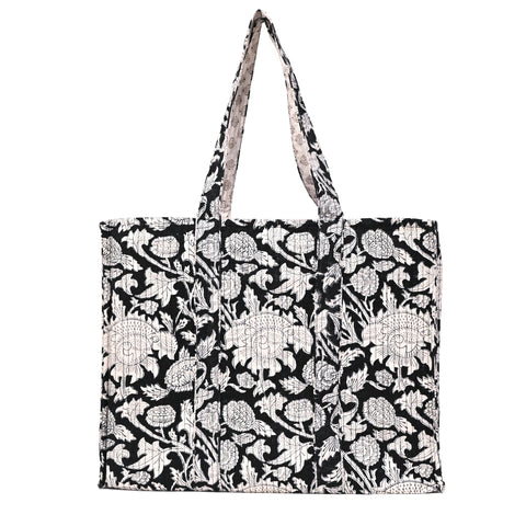 EBONY FLORA HAND BLOCK COTTON PRINTED QUILTED TOTE BAG