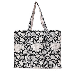 EBONY FLORA HAND BLOCK COTTON PRINTED QUILTED TOTE BAG