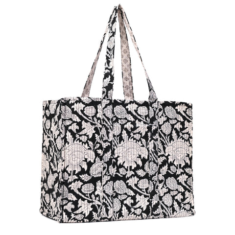 EBONY FLORA HAND BLOCK COTTON PRINTED QUILTED TOTE BAG