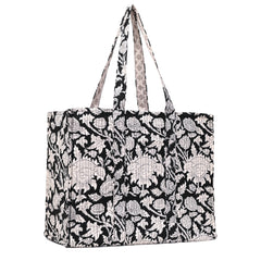 EBONY FLORA HAND BLOCK COTTON PRINTED QUILTED TOTE BAG