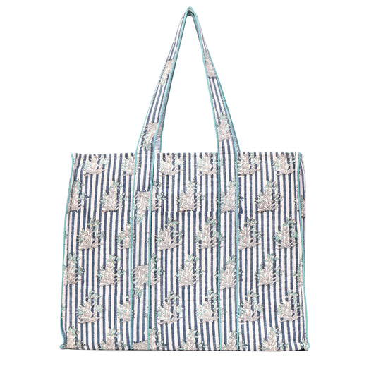 INDIGO STRIPE BLOOM HAND BLOCK COTTON PRINTED QUILTED TOTE BAG