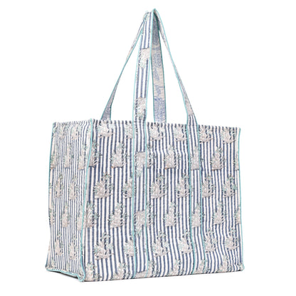 INDIGO STRIPE BLOOM HAND BLOCK COTTON PRINTED QUILTED TOTE BAG
