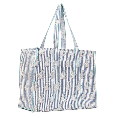 INDIGO STRIPE BLOOM HAND BLOCK COTTON PRINTED QUILTED TOTE BAG