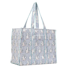 INDIGO STRIPE BLOOM HAND BLOCK COTTON PRINTED QUILTED TOTE BAG