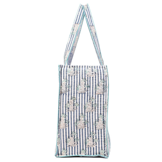 INDIGO STRIPE BLOOM HAND BLOCK COTTON PRINTED QUILTED TOTE BAG