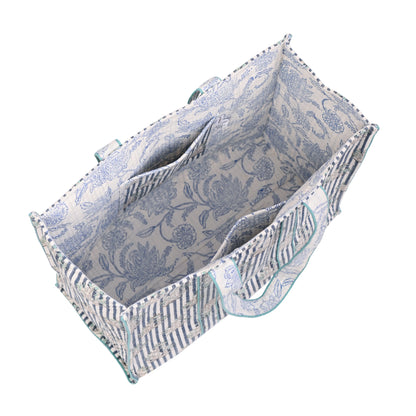 INDIGO STRIPE BLOOM HAND BLOCK COTTON PRINTED QUILTED TOTE BAG