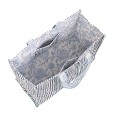 INDIGO STRIPE BLOOM HAND BLOCK COTTON PRINTED QUILTED TOTE BAG