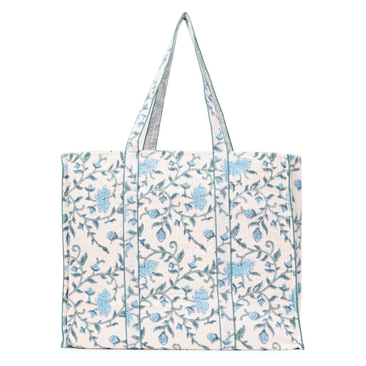 AZURE BLOSSOM HAND BLOCK COTTON PRINTED QUILTED TOTE BAG