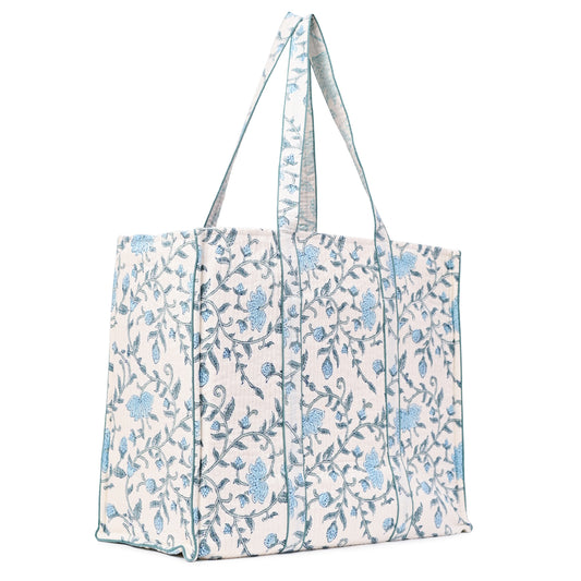 AZURE BLOSSOM HAND BLOCK COTTON PRINTED QUILTED TOTE BAG