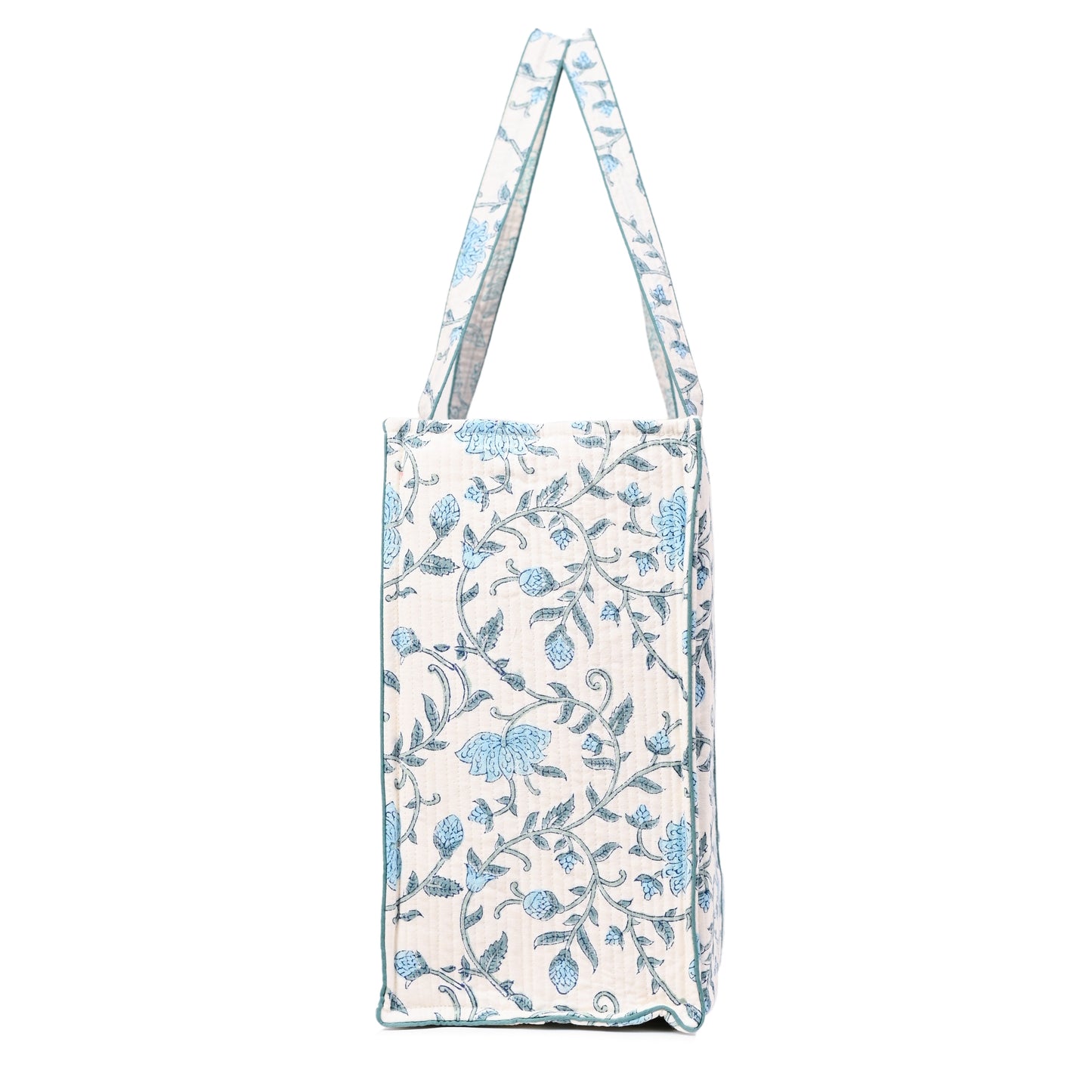 AZURE BLOSSOM HAND BLOCK COTTON PRINTED QUILTED TOTE BAG