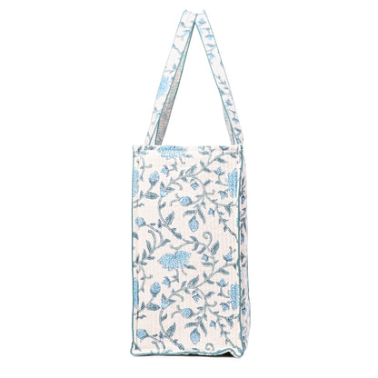 AZURE BLOSSOM HAND BLOCK COTTON PRINTED QUILTED TOTE BAG