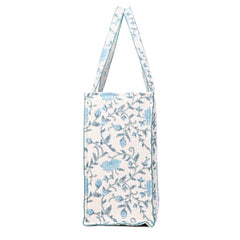 AZURE BLOSSOM HAND BLOCK COTTON PRINTED QUILTED TOTE BAG