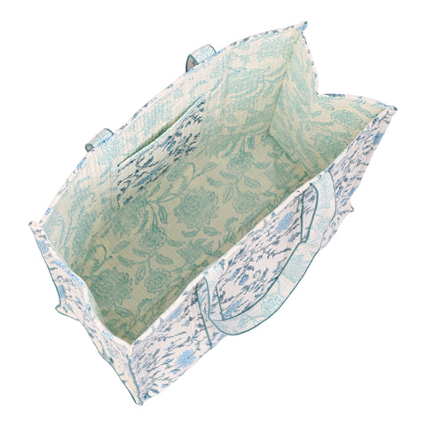 AZURE BLOSSOM HAND BLOCK COTTON PRINTED QUILTED TOTE BAG