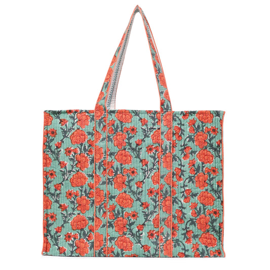 CORAL BLOOM HAND BLOCK COTTON PRINTED QUILTED TOTE BAG