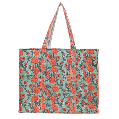 CORAL BLOOM HAND BLOCK COTTON PRINTED QUILTED TOTE BAG