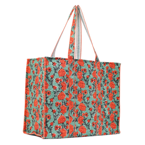 CORAL BLOOM HAND BLOCK COTTON PRINTED QUILTED TOTE BAG