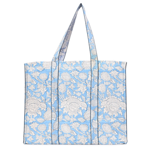 FROSTY SKY HAND BLOCK COTTON PRINTED QUILTED TOTE BAG
